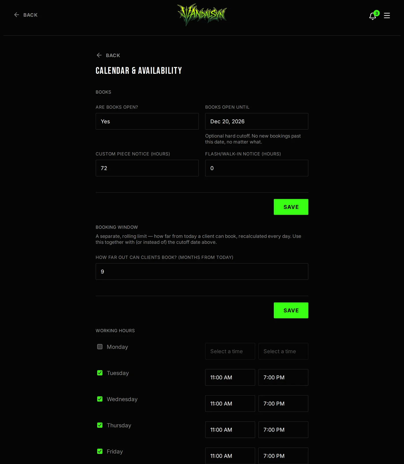 Calendar and availability settings: books open toggle, hard cutoff date, notice hours, and working hours by day