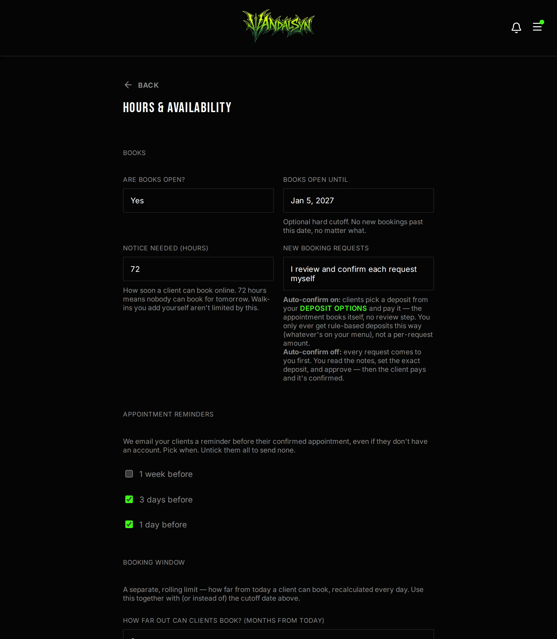 Calendar and availability settings: books open toggle, hard cutoff date, notice hours, and working hours by day