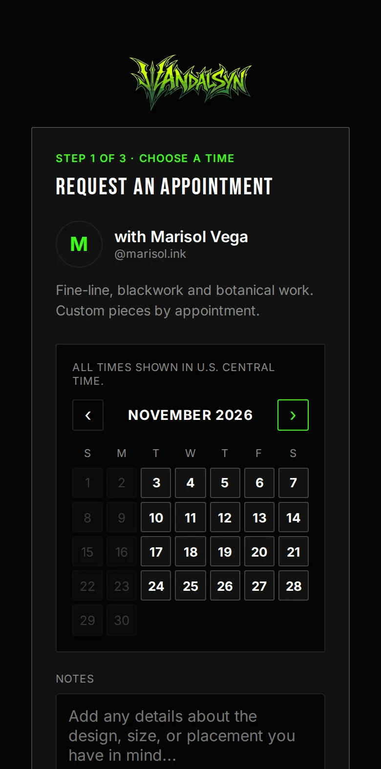 Public booking request screen with a monthly calendar of available days