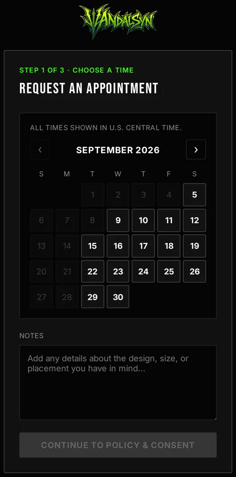 Public booking request screen with a monthly calendar of available days