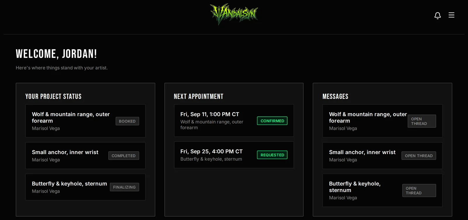 Client dashboard showing project status, the next appointment, and the message thread with their artist