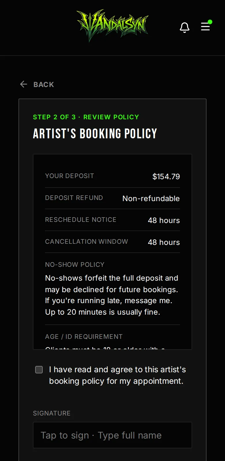 Client phone screen showing an artist booking policy with a signature field and deposit button