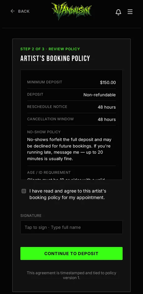 Client phone screen showing the booking policy with a typed-signature field and a pay-deposit button
