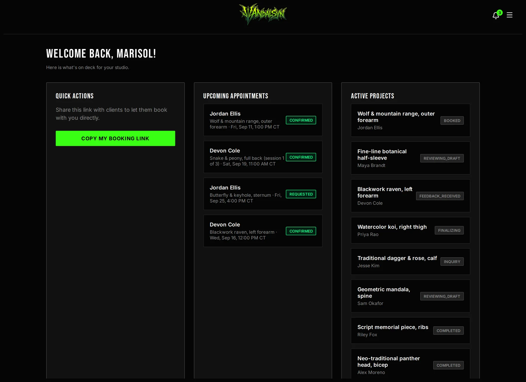 Vandalsyn artist dashboard showing upcoming appointments, active projects, and a booking calendar