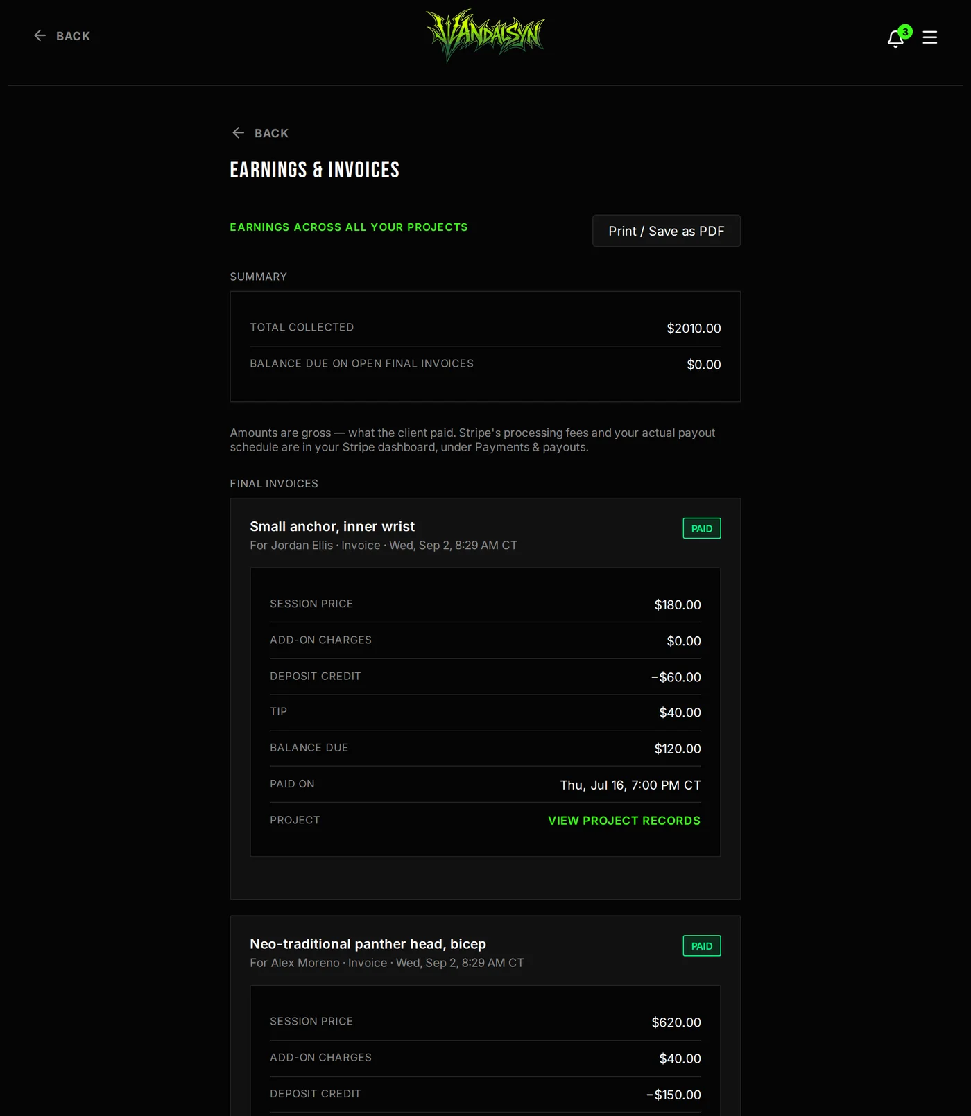 Artist earnings screen showing total collected, itemised final invoices and a list of payments