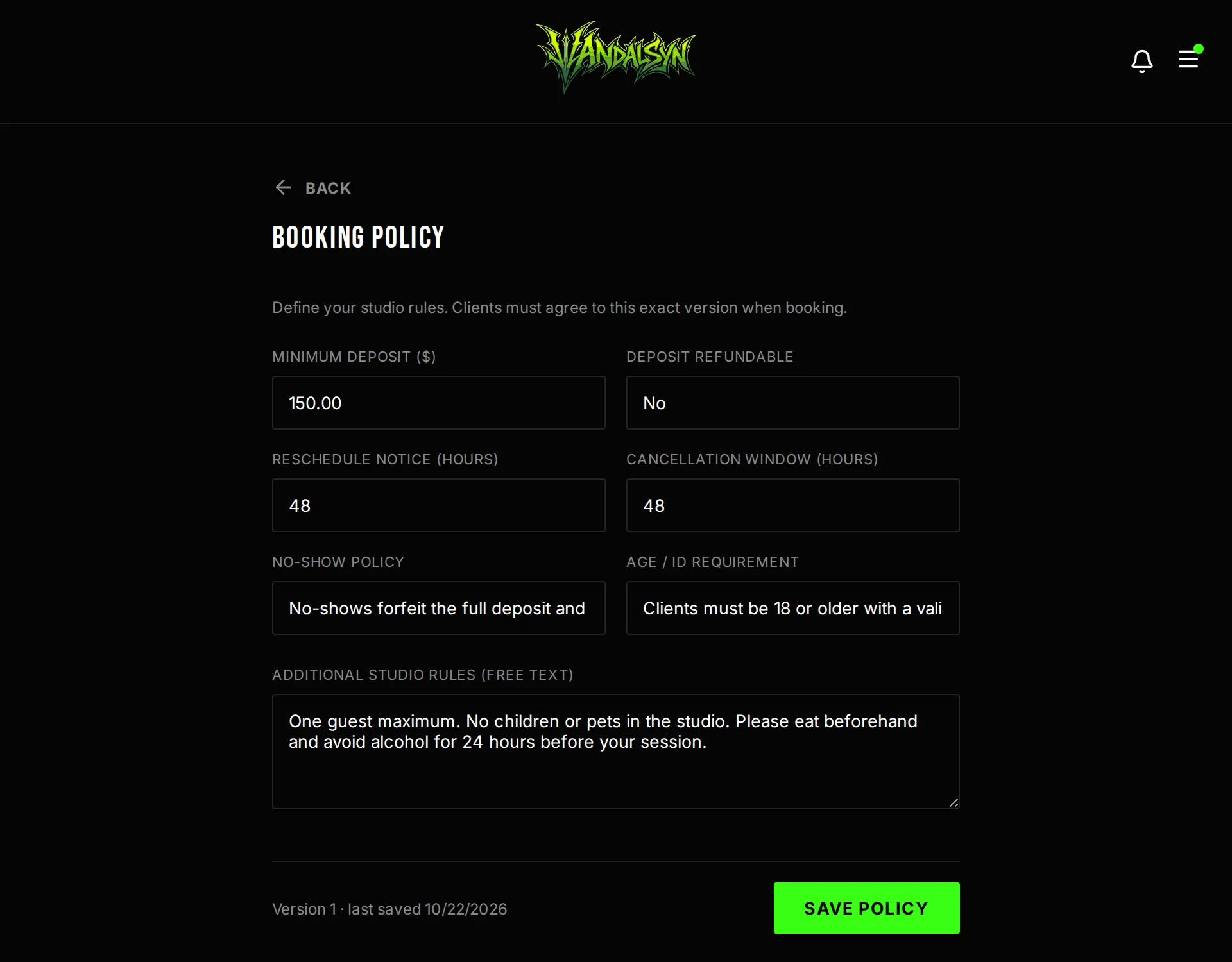 Artist screen for editing a booking policy: minimum deposit, reschedule notice, cancellation window, no-show policy