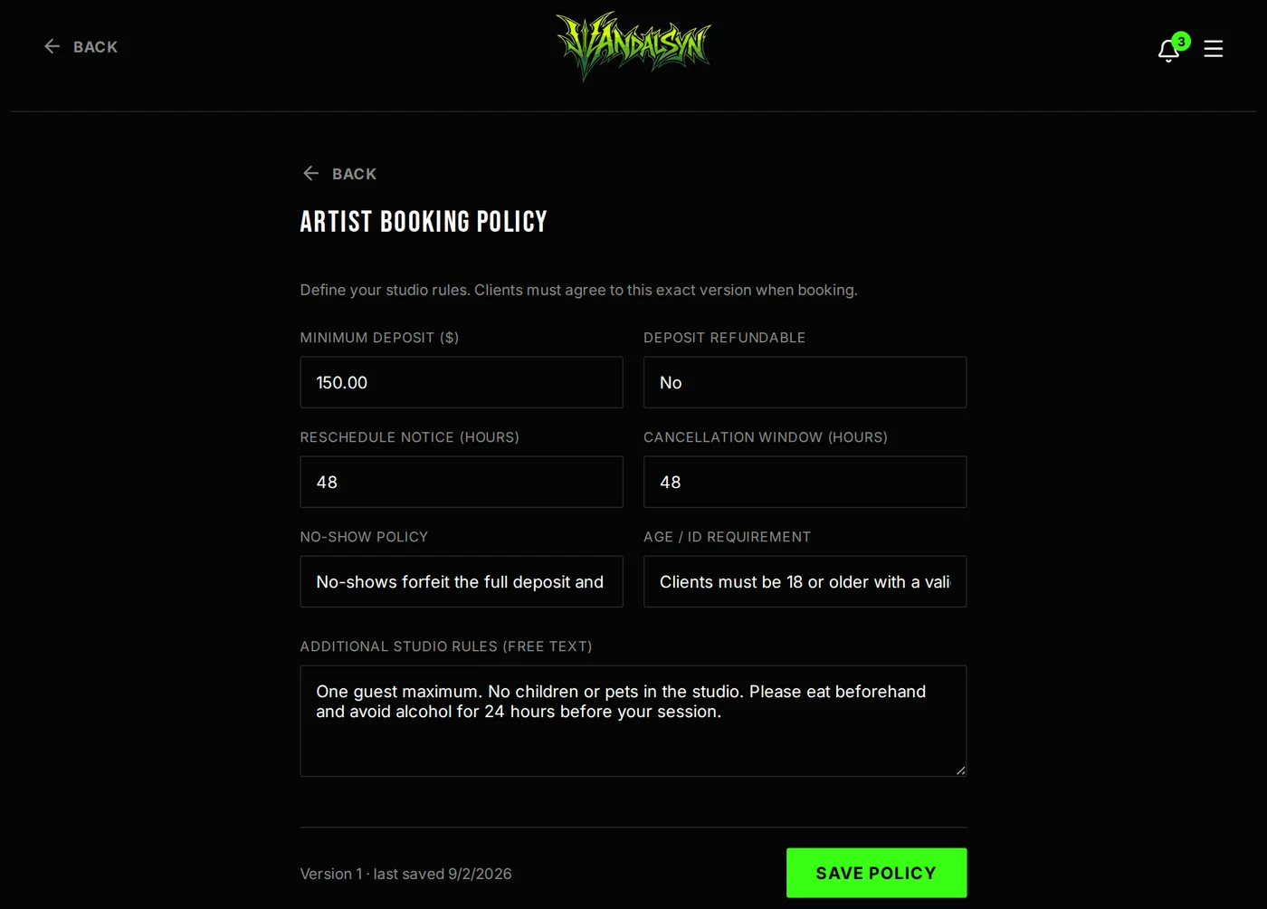 Artist screen for editing a booking policy: minimum deposit, reschedule notice, cancellation window and no-show terms