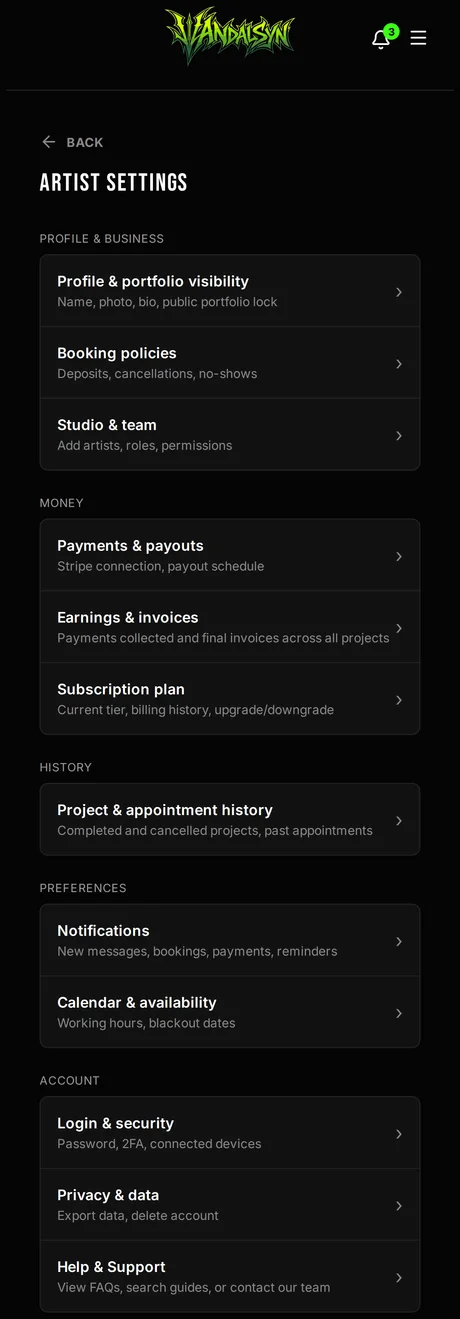 Artist settings menu grouped into profile and business, money, history, preferences, and account